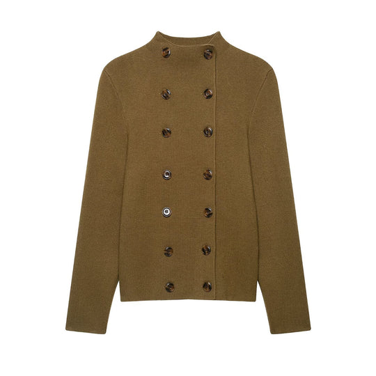 Damen Doppelreihige Cropped Strickjacke mit Stehkragen Nord Taschen