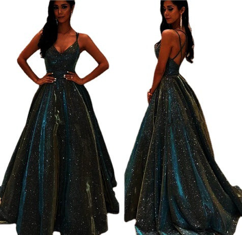 Damen Spaghettiträger V-Ausschnitt A-Linie Glitzer Maxikleid - Arvani