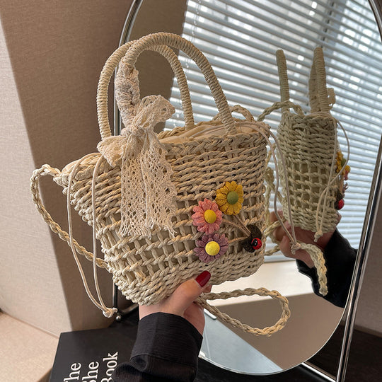 Damen handgefertigte Basttasche mit buntem Floraldesign Nord Taschen