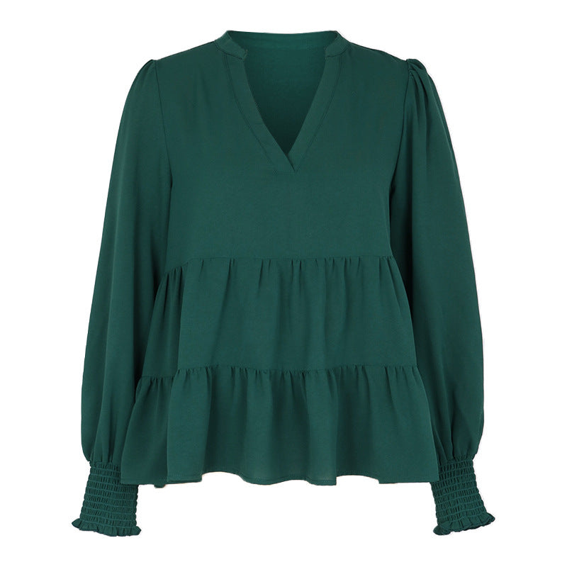 Damen Zweistufige Volant-Bluse mit V-Ausschnitt und gerafften Ärmelbündchen Nord Taschen