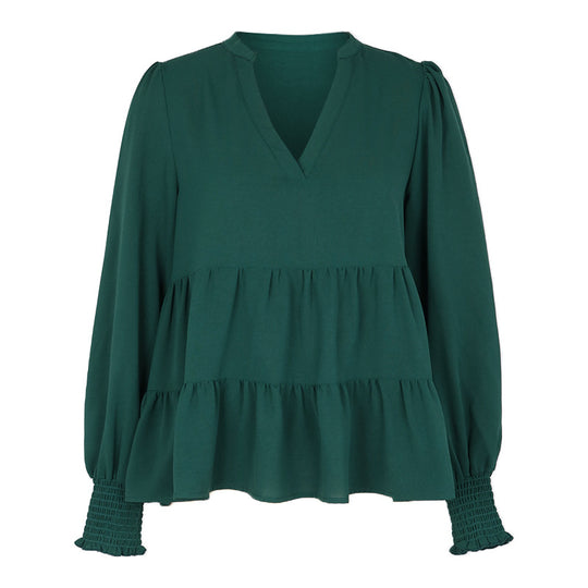 Damen Zweistufige Volant-Bluse mit V-Ausschnitt und gerafften Ärmelbündchen Nord Taschen