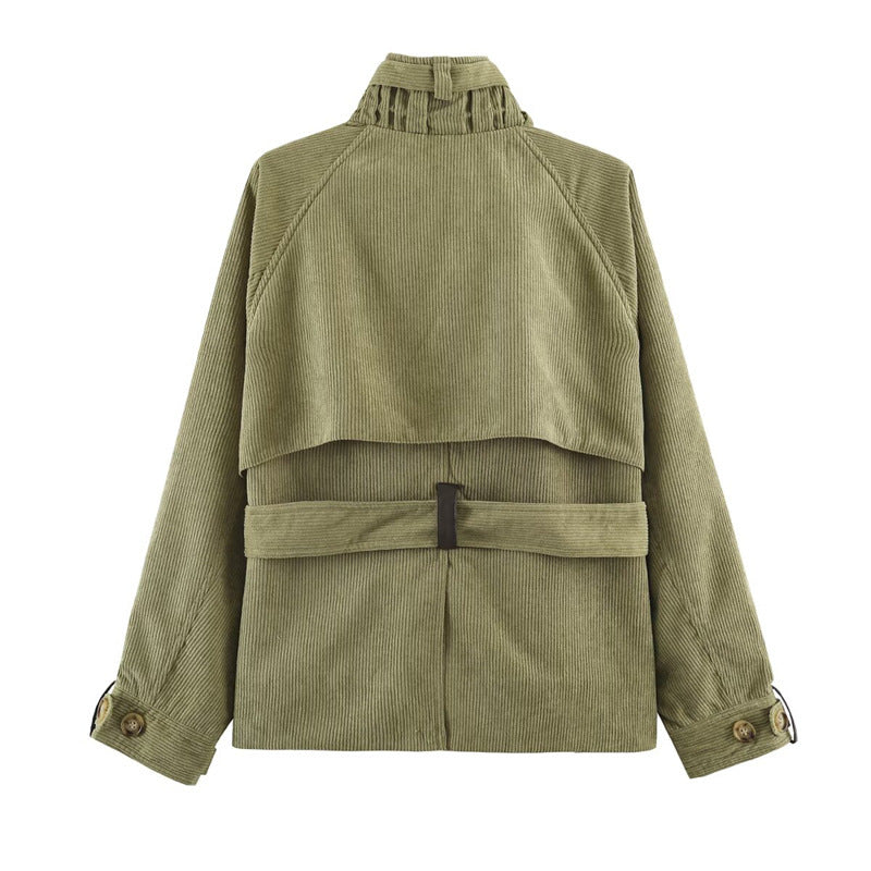 Damen Kurze Cord-Trenchjacke mit Taillengürtel, Cape-Detail und Stehkragen Nord Taschen
