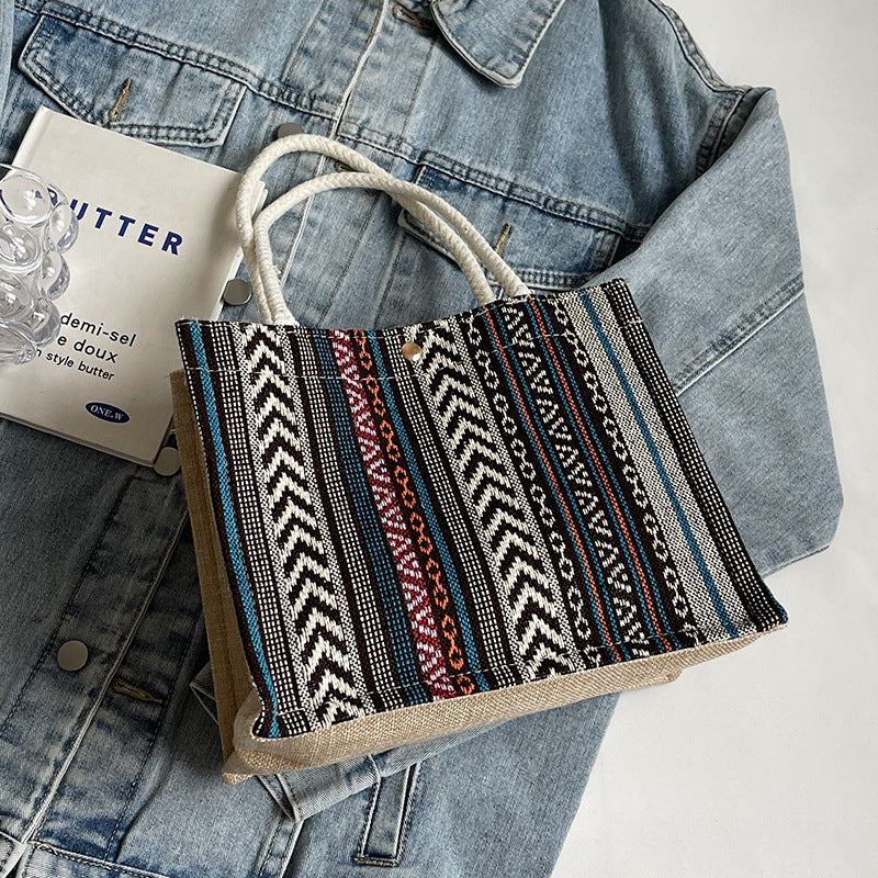 Damen Jute-Tragetasche mit buntem Muster und stabilen Baumwollgriffen Nord Taschen
