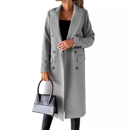 Damen Doppelreihiger Wollmantel im Longline‑Schnitt mit Reverskragen und Pattentaschen Nord Taschen
