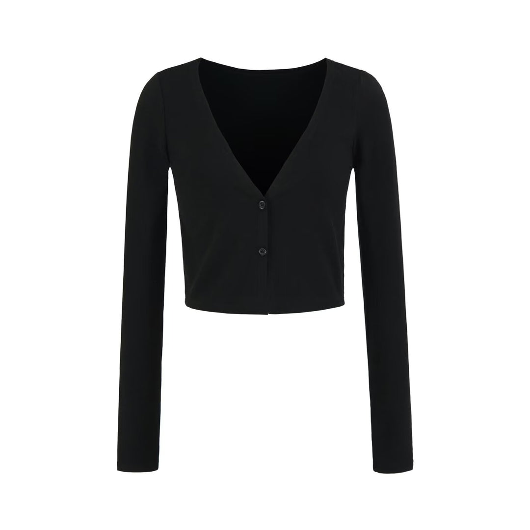 Damen Kurzer Feinstrick-Cardigan mit tiefem V-Ausschnitt und knöpfbarer Front Nord Taschen