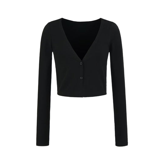 Damen Kurzer Feinstrick-Cardigan mit tiefem V-Ausschnitt und knöpfbarer Front Nord Taschen