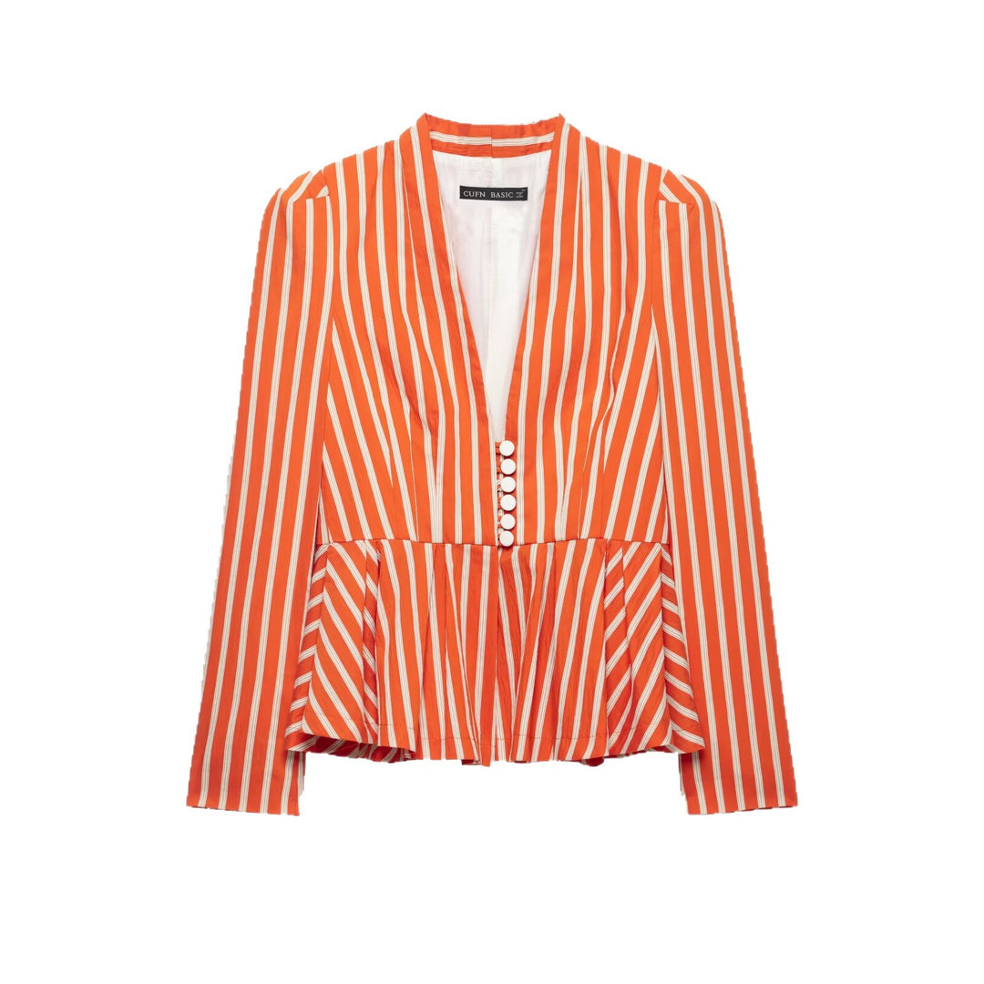 Damen Gestreifte taillierte Peplum‑Jacke mit V‑Ausschnitt und Zierknöpfen Nord Taschen