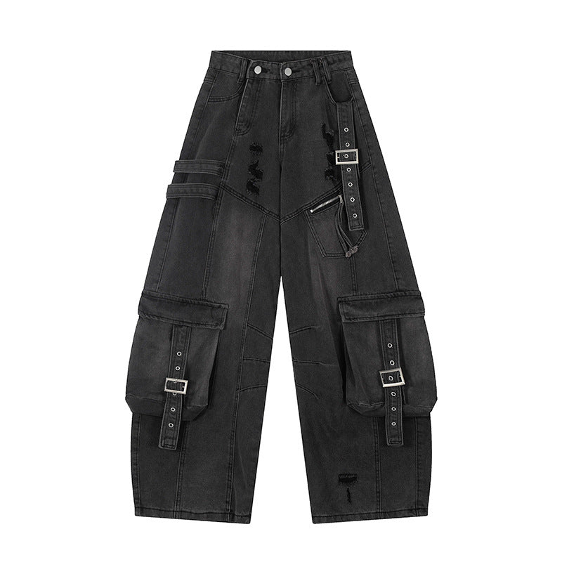 Damen weite Jeans-Cargo-Culotte mit taktischen Taschen, Gurtapplikationen und Used-Details Nord Taschen