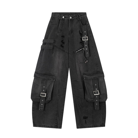 Damen weite Jeans-Cargo-Culotte mit taktischen Taschen, Gurtapplikationen und Used-Details Nord Taschen