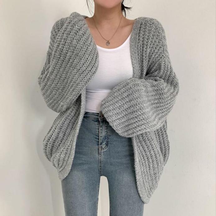 Damen grob gestrickte Oversized Cardigan mit tiefem V-Ausschnitt