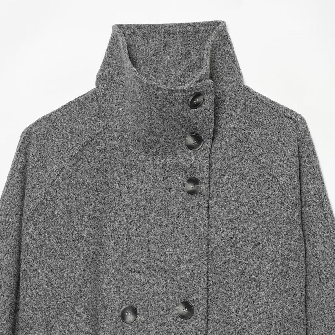Damen Cape-Übergangsjacke im kurzen Schnitt mit hohem Kragen, doppelter Knopfleiste und Taillenbindegürtel Nord Taschen