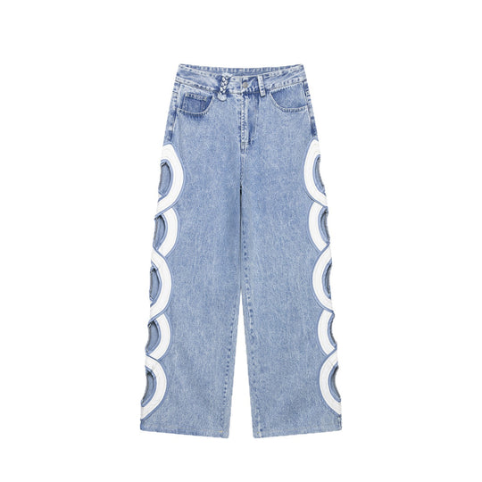 Damen Weite High Waist Jeans mit seitlichen Rundcutouts und Zierborte Nord Taschen