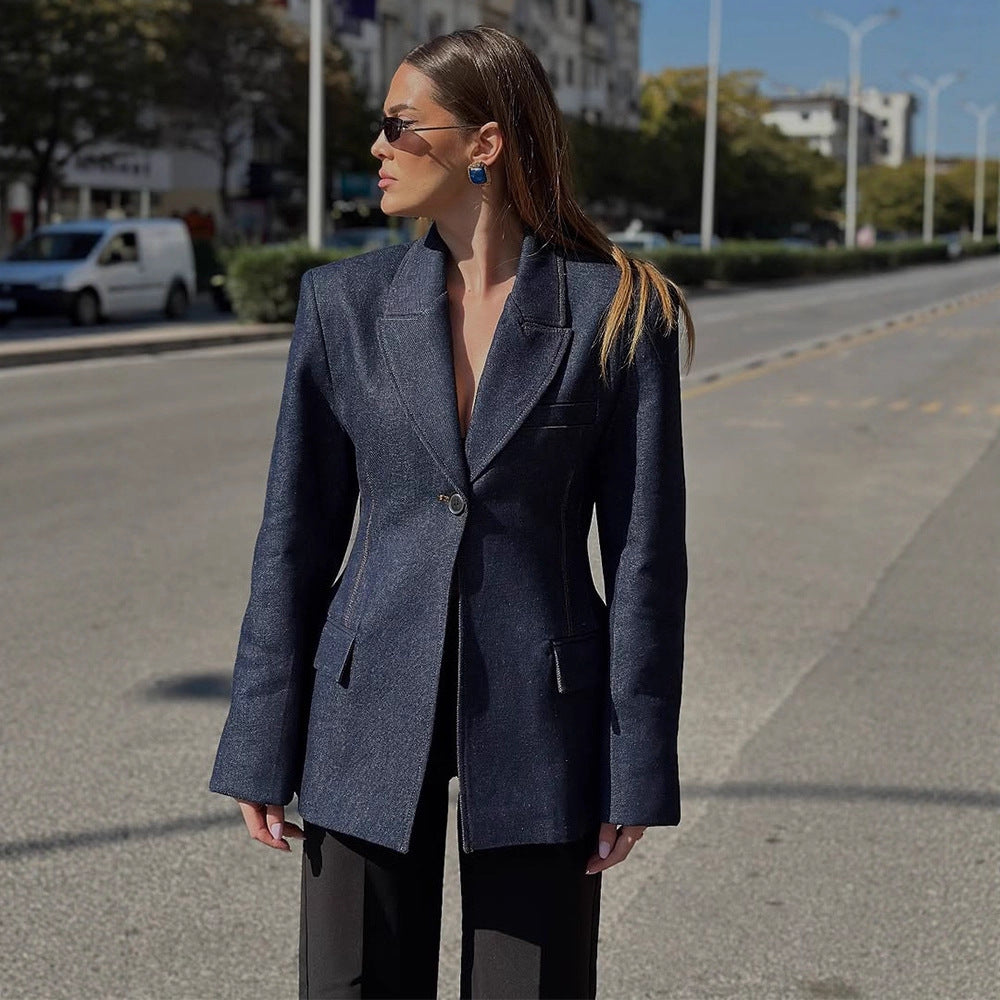 Damen taillierter Jeansblazer mit geschwungenem Revers Nord Taschen