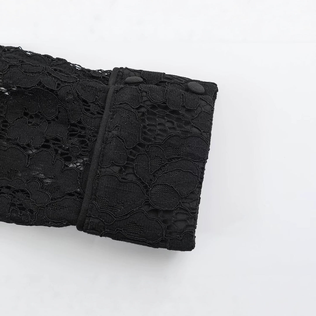 Damen Transparente Spitzenbluse mit Stehkragen, Puffärmeln und Manschetten Nord Taschen