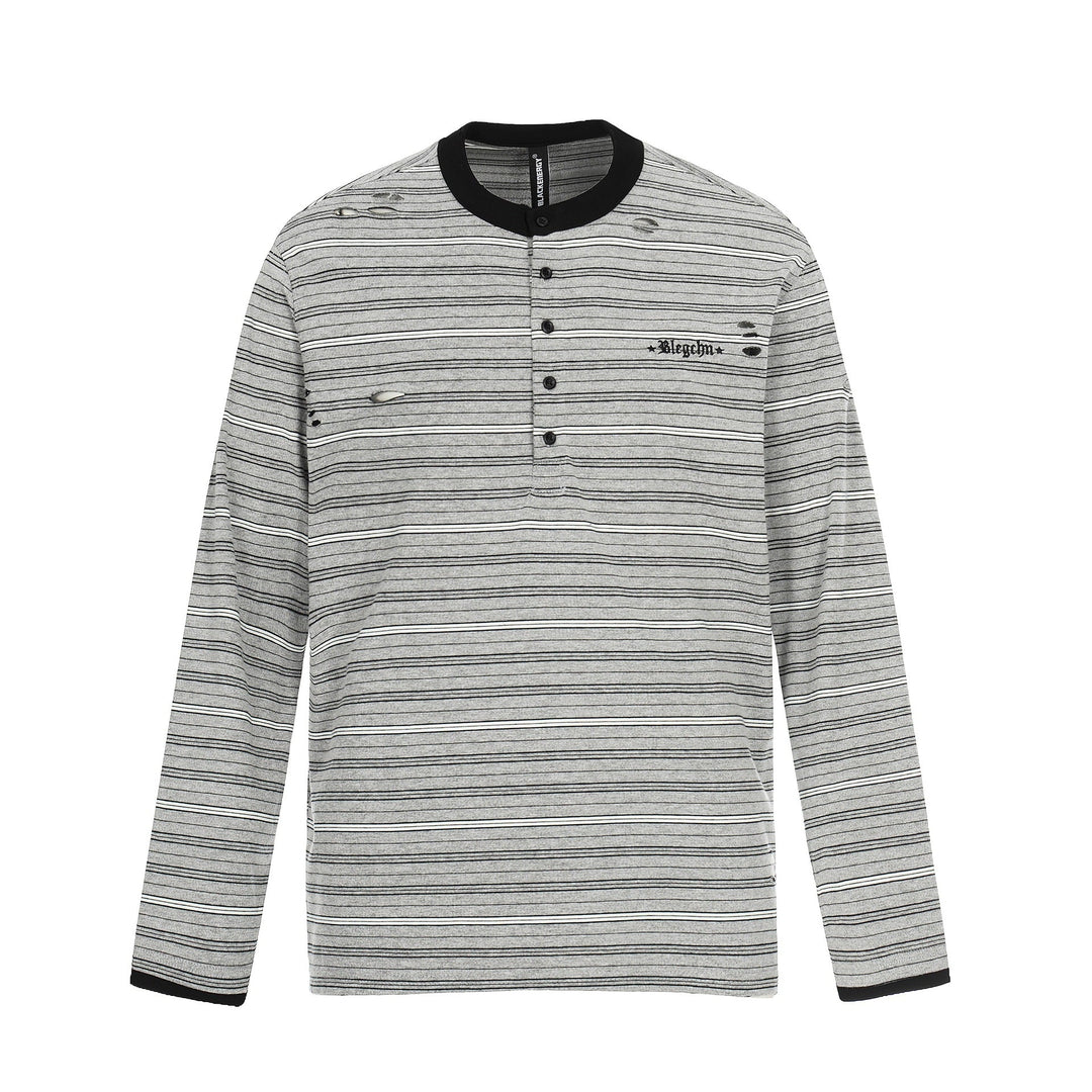 Herren Langarm-Henleyshirt mit Streifenmuster und Distressed-Details Nord Taschen