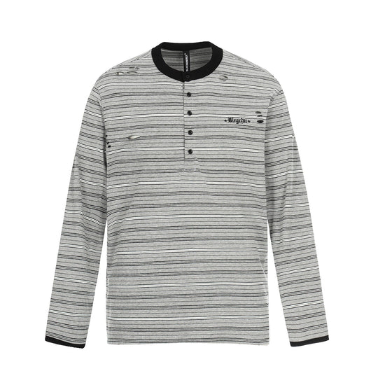 Herren Langarm-Henleyshirt mit Streifenmuster und Distressed-Details Nord Taschen