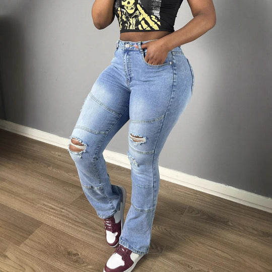 Damen Hochtaillierte Distressed Flared-Jeans mit Paneelnähten Nord Taschen