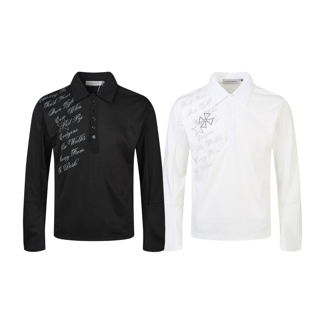 Damen Poloshirt-Langarmshirt mit Hemdkragen, Schriftprint und Strass-Applikation Nord Taschen