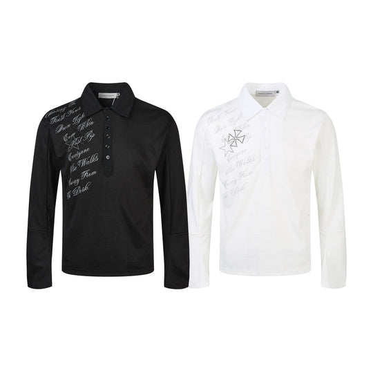 Damen Poloshirt-Langarmshirt mit Hemdkragen, Schriftprint und Strass-Applikation Nord Taschen