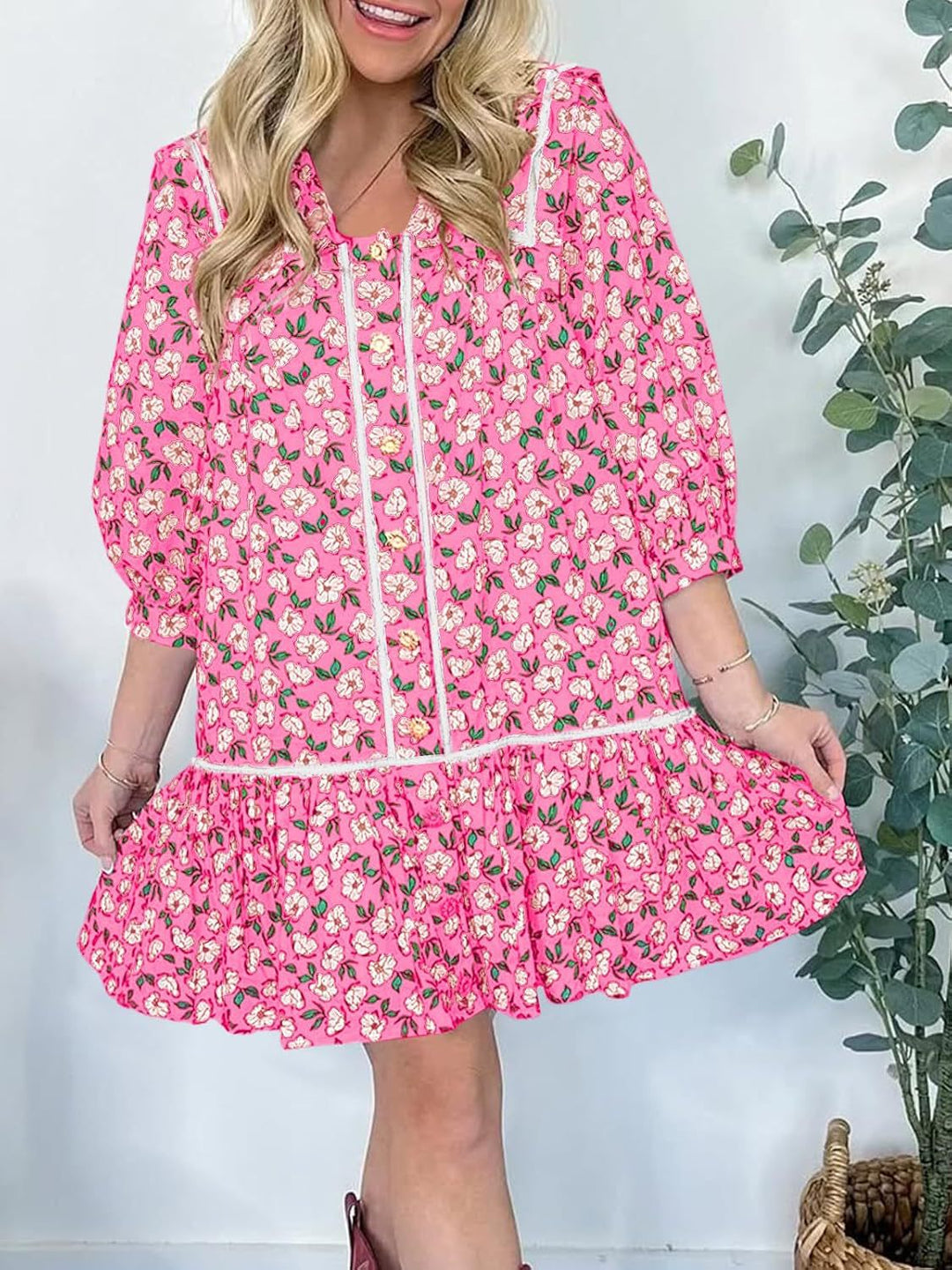 Damen Florales Mini-Hemdkleid mit übergroßem Matrosenkragen Nord Taschen