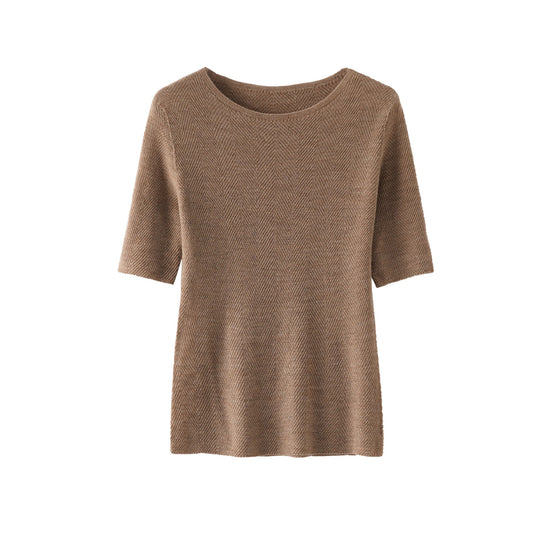 Damen Lockeres Feinstrick-Tunika-Shirt mit U-Boot-Ausschnitt und Fischgrätstruktur Nord Taschen