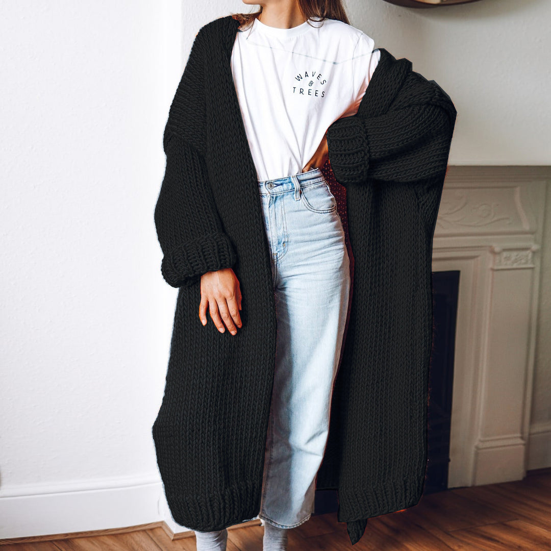 Damen Oversize Maxi Grobstrick-Cardigan mit offener Front und voluminösen Ärmeln Nord Taschen