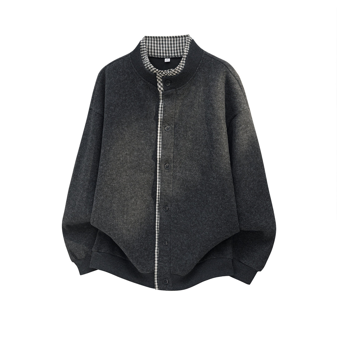 Unisex Oversize Wollmix-Cardigan-Jacke mit Karo-Einfassung und Stehkragen Nord Taschen