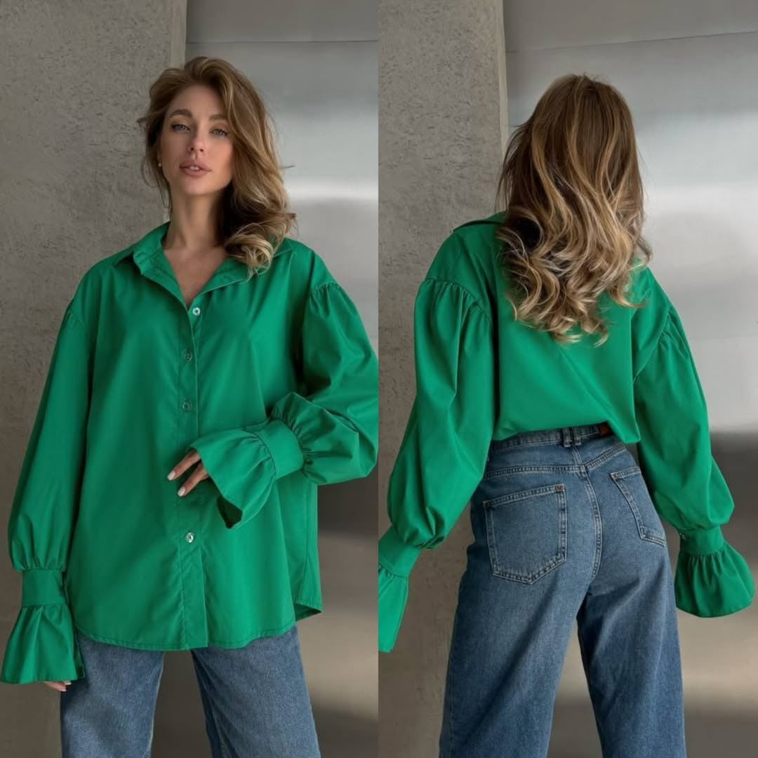 Damen Oversized-Bluse mit Volant-Manschetten und Ballonärmeln Nord Taschen