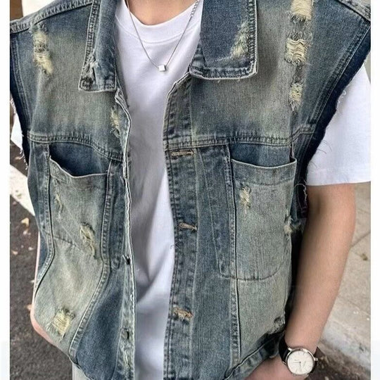 Herren Denim-Weste im Vintage-Used-Look mit Destroyed-Taschen und kastiger Passform Nord Taschen