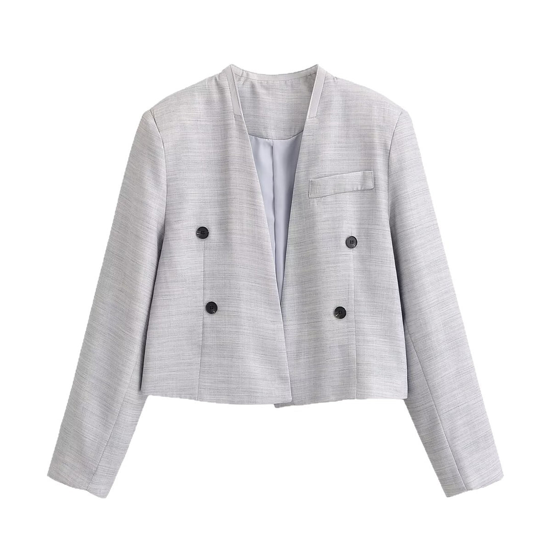 Damen Kurzgeschnittener kragenloser Blazer mit doppelreihiger Knopfleiste und Strukturgewebe Nord Taschen