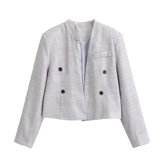 Damen Kurzgeschnittener kragenloser Blazer mit doppelreihiger Knopfleiste und Strukturgewebe Nord Taschen