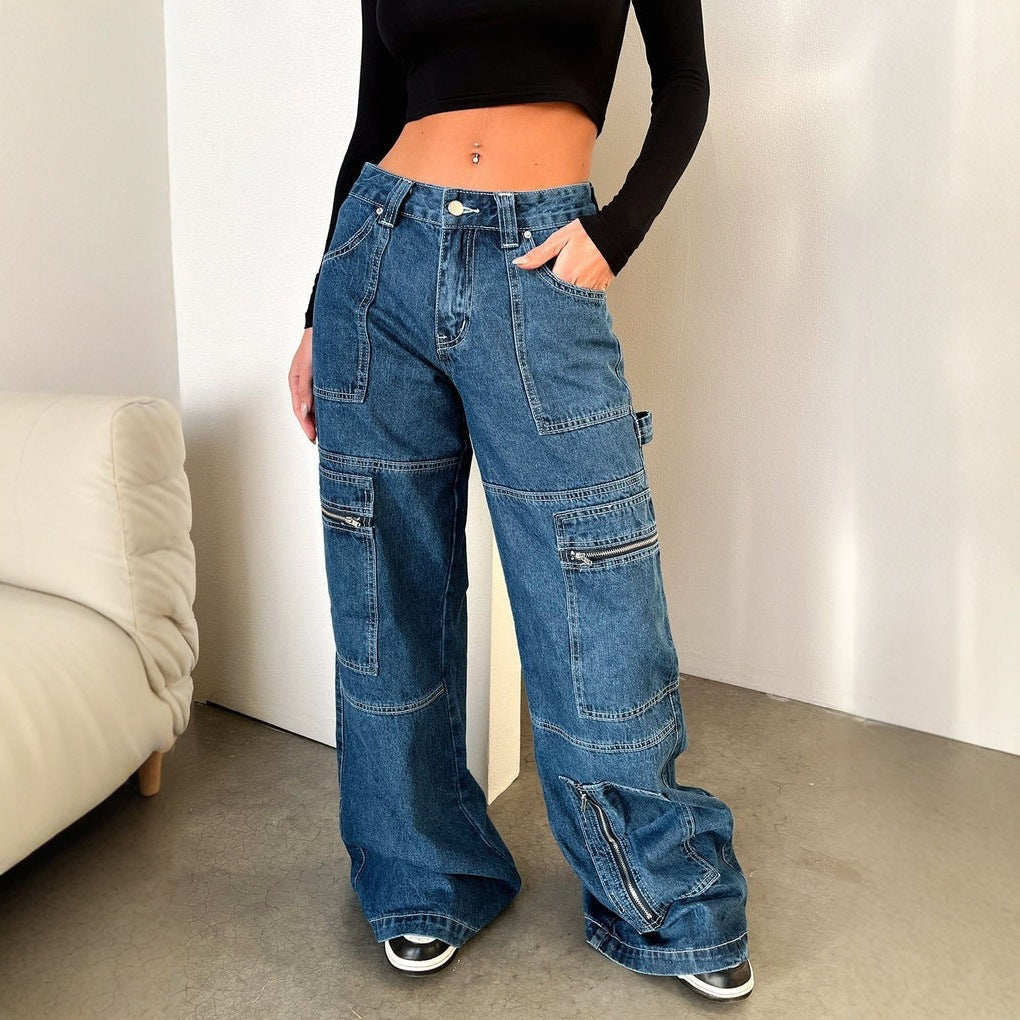 Damen weiten Cargo-Jeans mit mehreren Reißverschluss-Taschen und hoher Taille Nord Taschen