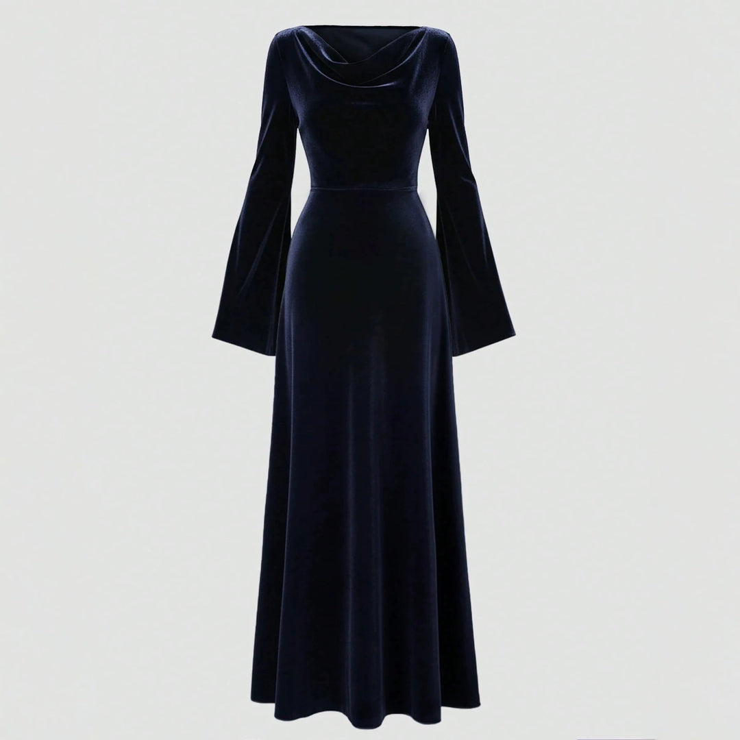 Damen Samt-Abendkleid mit Wasserfall-Ausschnitt, taillierter Silhouette und ausgestellten Trompetenärmeln Nord Taschen