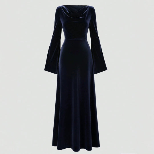 Damen Samt-Abendkleid mit Wasserfall-Ausschnitt, taillierter Silhouette und ausgestellten Trompetenärmeln Nord Taschen