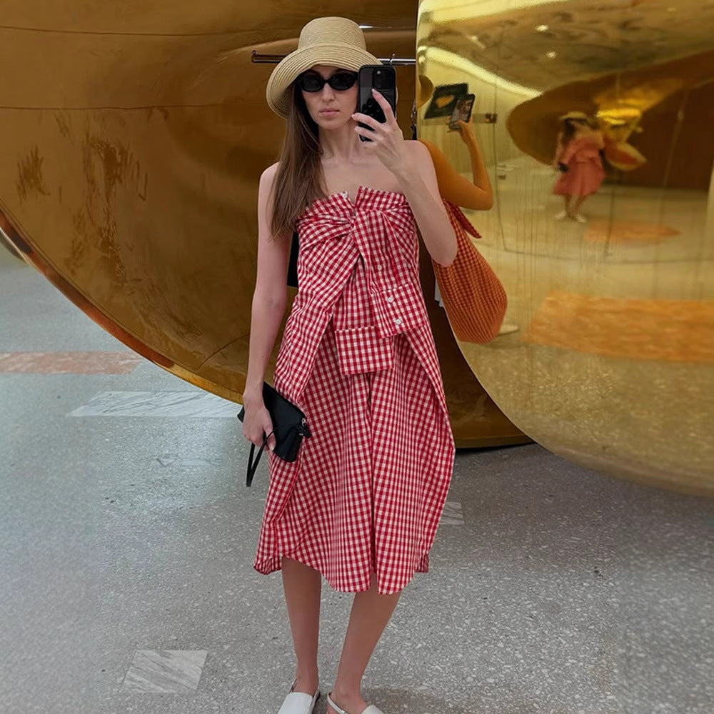 Damen Karo-Maxikleid mit durchgehender Knopfleiste, taillierter Schärpe und verlängerten Manschetten Nord Taschen