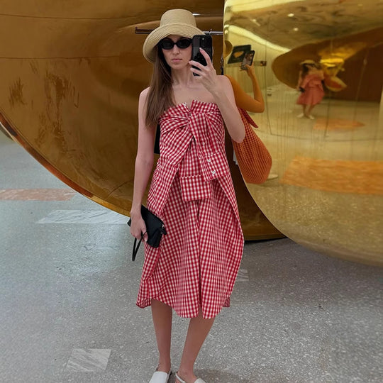 Damen Karo-Maxikleid mit durchgehender Knopfleiste, taillierter Schärpe und verlängerten Manschetten Nord Taschen