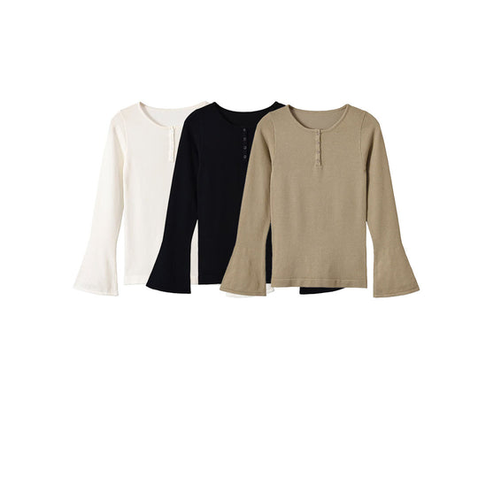 Damen Feinstrick-Longsleeve mit Henley-Knopfleiste und ausgestellten Trompetenärmeln Nord Taschen
