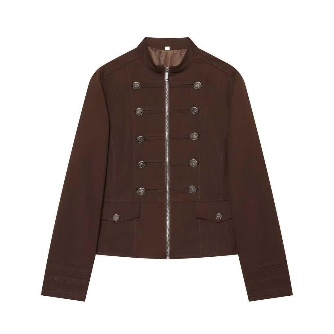 Damen Kurze Militärinspirierte Jacke mit Stehkragen Doppelreihenknöpfen und Reißverschluss Nord Taschen