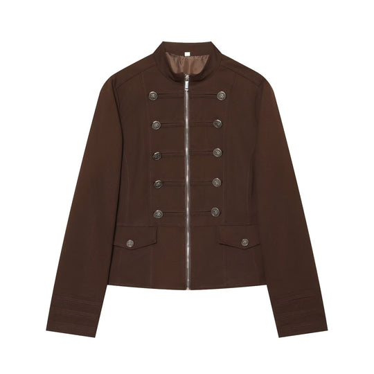 Damen Kurze Militärinspirierte Jacke mit Stehkragen Doppelreihenknöpfen und Reißverschluss Nord Taschen