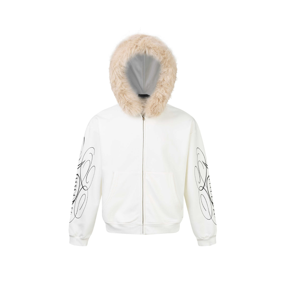 Unisex Oversize Kapuzenjacke aus Baumwollmix mit abnehmbarem Kunstfellbesatz und grafischen Ärmeldrucken Nord Taschen