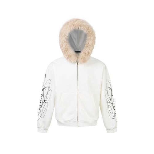 Unisex Oversize Kapuzenjacke aus Baumwollmix mit abnehmbarem Kunstfellbesatz und grafischen Ärmeldrucken Nord Taschen