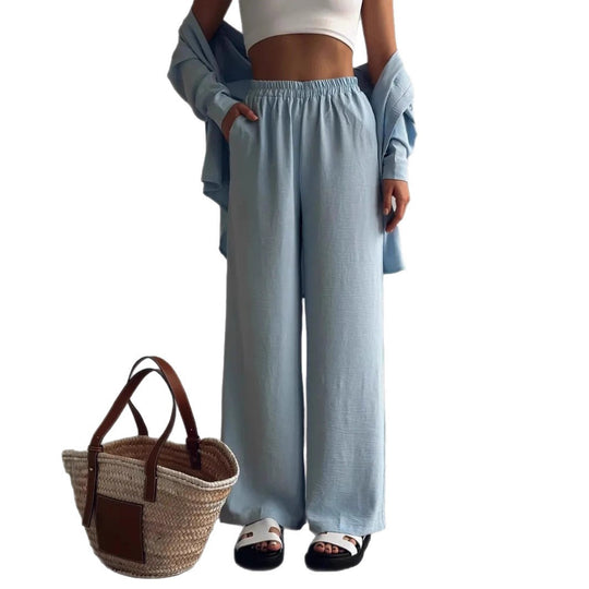 Damen Zweiteiliges Lounge-Set Oversize-Bluse mit Brusttasche und weiter Palazzo-Hose Nord Taschen