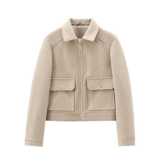 Damen Kurze Boxy‑Jacke in Velourslederoptik mit Stehkragen, Reißverschluss und aufgesetzten Pattentaschen Nord Taschen