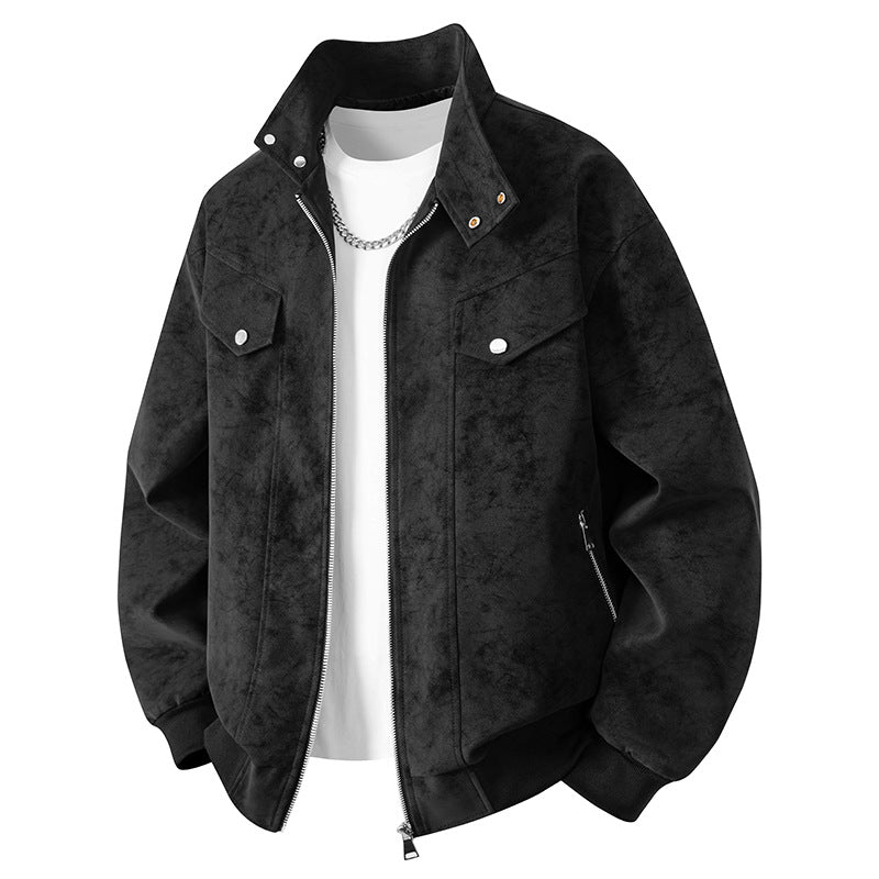 Herren Velours-Imitat Übergangsjacke im Bomberstil mit Stehkragen, Druckknopfleiste & elastischen Bündchen Nord Taschen