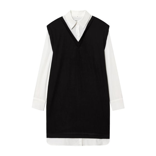 Damen Langes Hemdblusenkleid mit eingearbeiteter Strickweste Nord Taschen