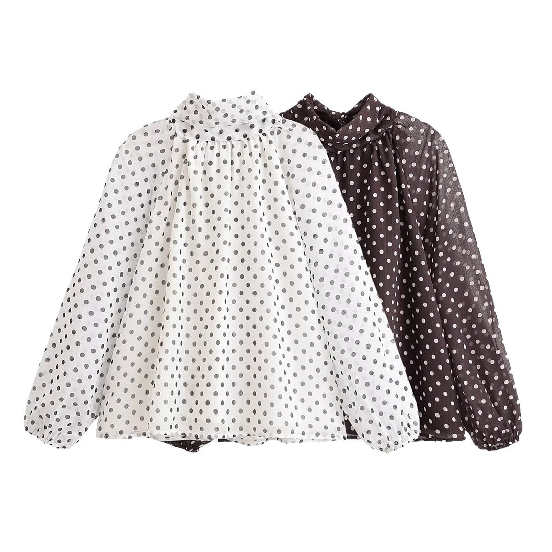 Damen Leichte Chiffonbluse mit Stehkragen, Volumenärmeln und Polka-Dot-Print Nord Taschen