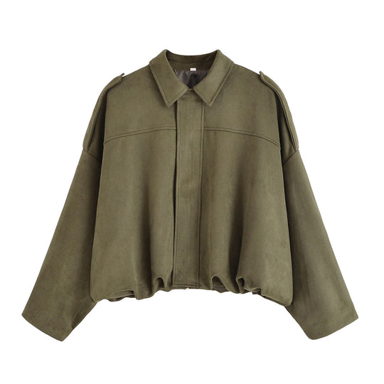 Damen Oversize-Suedejacke mit Schulterklappen, verdeckter Knopfleiste und elastischem Saum Nord Taschen