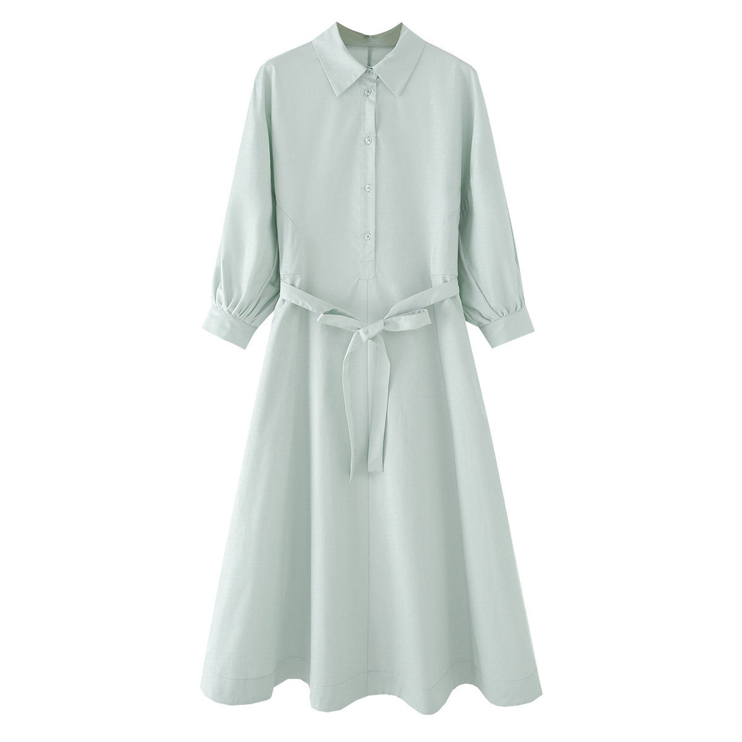 Damen Hemdblusenkleid mit ausgestellt-gebogtem Rock, 3/4-Ärmeln und Taillengürtel Nord Taschen
