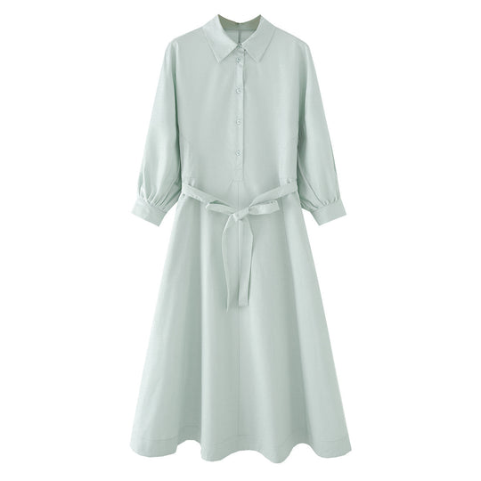 Damen Hemdblusenkleid mit ausgestellt-gebogtem Rock, 3/4-Ärmeln und Taillengürtel Nord Taschen