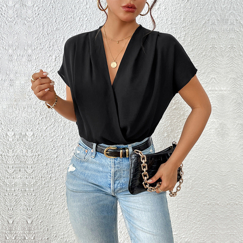 Damen Body mit eleganter Wickeloptik und kurzen Ärmeln